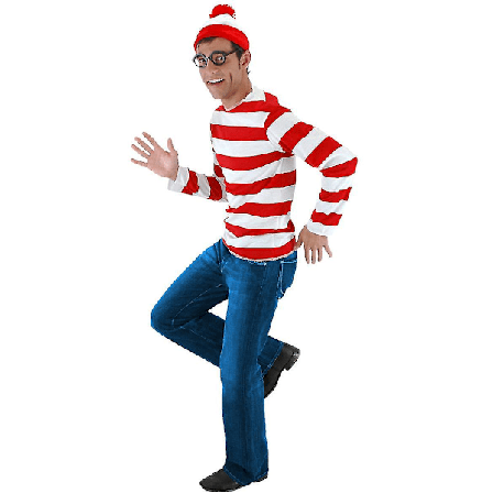 Hvor er Waldo Nå Rød og Hvit Striper Cosplay Kostyme Voksen Menn T-skjorte Genser + Hatt + Briller For Jul Halloween Fest Drakt Men M