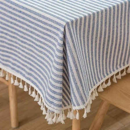 Bomullsduk med striper og dusker, rektangulær, støvtett duk for kjøkken, spisebord, borddekorasjon (140 cm x 180 cm, blå)