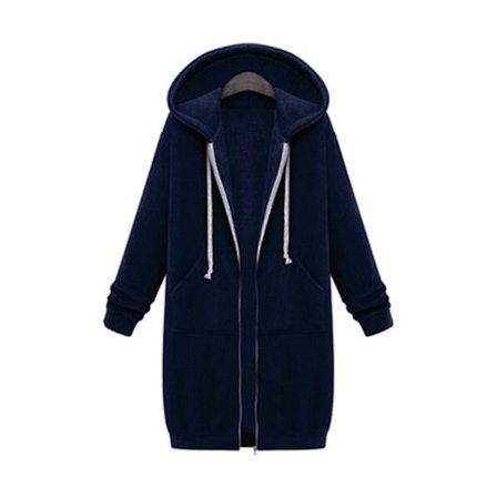 Dam Hoodie Sweatshirt Jacka med Dragkedja, Lång, Plus Size Marinblå{FY} Navy Blue L