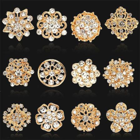 12x Blandad Legering Rhinestone Guld Kristall Bröllop Brosch Tallar