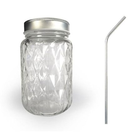 Bocal Mason Jar med låg 37,5 cl diamant + 4 sugerør i inox