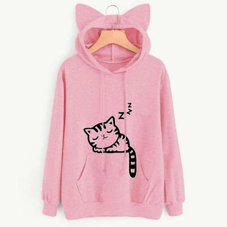 Kvinnor Hoodies Sweatshirt Kawaii Rosa Höst Cartoon Katt Mönster Långärmad Moletom Hoodie Sweatshirts Öra Hooed Mujer 03 Pink S