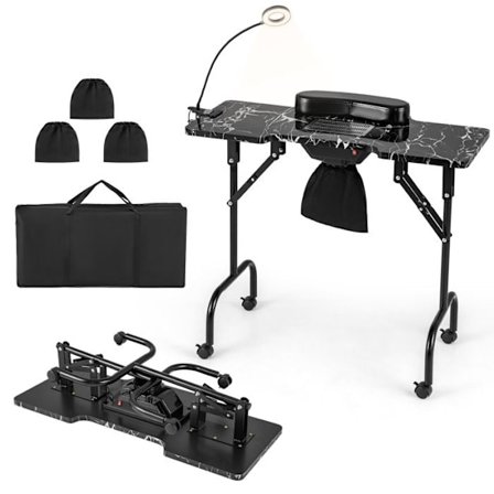 COSTWAY Fällbart Manikyrbord med Elektrisk Dammsamlare, med LED-lampa och Kundhandledskuddar, Svart