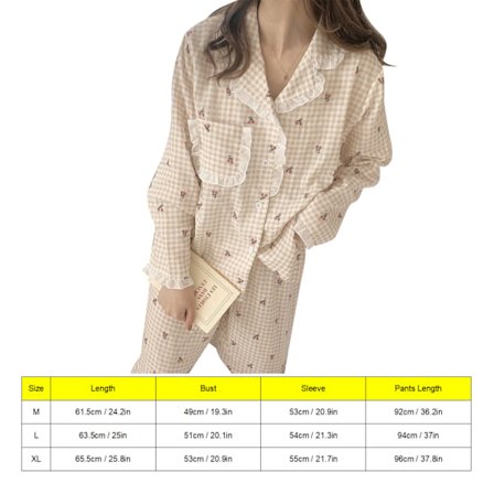 Pyjamas Set Sött Körsbärsmönster Prickigt Långärmad Öppen Fram Lös Sovset Sovkläder Aprikos Färg L för 50‐57.5kg