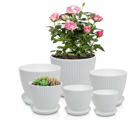 6 stk., 7,5/6,6/5,8/5,0/4,3/3,5 tommer, stilfuld stribet plastik urtepotte med dræn og underskåle, velegnet til indendørs/udendørs boligdekoration
