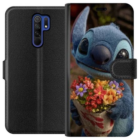 Kompatibel Tegnebogsetui til Xiaomi Xiaomi Redmi 9 Sød blå figur med store øjne, der holder en farverig buket i en varm og kær stil