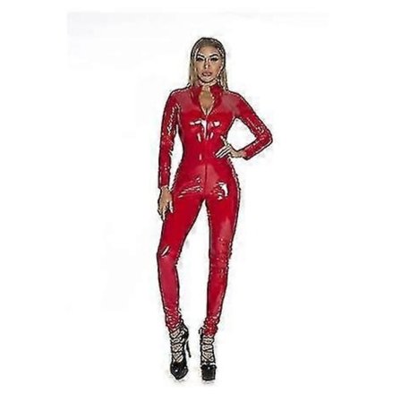 S-5xl Linrie Rød Fe Faux Catsuit Pvc Dress Glidelås Åpen Skritt Stretch Jumpsuits-Perfet