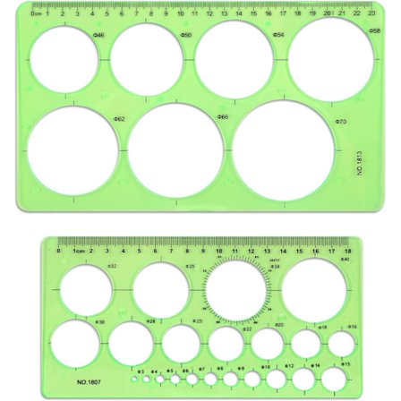2 stk. sirkelmalslinjal, sirkelmal i plast for tegning av geometriske sirkler, tegneverktøy med 29 sirkler