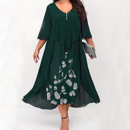 Dam Print Halv Ärm V-hals Falska Två Delar Klänning