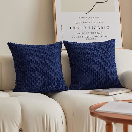 IC Set med 2 dekorativa överdrag i randig manchesterplysch, sammet, för soffa, 50 cm, 20 x 20 tum, marinblå