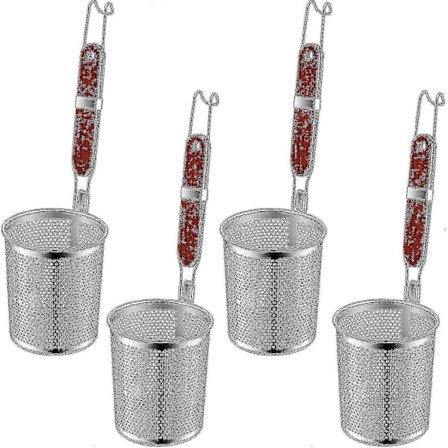 4 st Pasta Korg i Rostfritt Stål med Trähandtag - Köksnät Spider Pasta Sil - Skimmer Mat Dumpling Nudel Sil - Blanchering