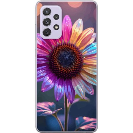 Kompatibelt Mobildeksel til Samsung Galaxy A52s 5G Irideserende blomst med glitrende kronblad i rosa lilla og gull mot myk bokeh bakgrunn