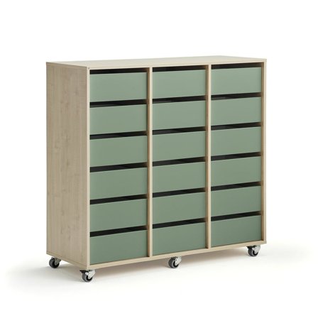 Elevförvaring CASPER, 18 lådor, hjul, björk, mörkgrön