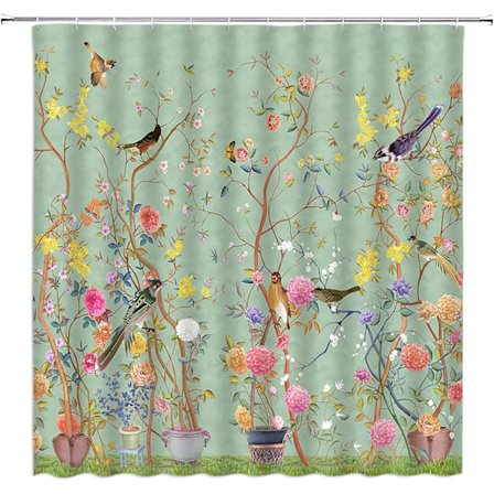 Blomsterfugl bruseforhæng Blomster Botanisk plante Vildblomst Natur Orientalsk Traditionel Grøn badeværelse Indretning Gardin 70Wx70H Tommer