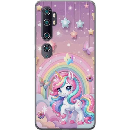 Kompatibel Mobilcover til Xiaomi Mi Note 10 Magisk enhjørning med regnbue manke, stjerner og sommerfugle mod en pastelfarvet himmel med skyer