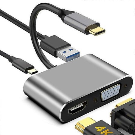 USB C till VGA HDMI Adapter, 4 i 1 Typ C Hub till VGA HDMI 4K UHD + USB 3.0 Port Kompatibel med MacBook Pro/Air Huawei Mate 30 grå