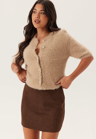 BUBBLEROOM - Short Sleeve Fluffy Knitted Cardigan - Beige