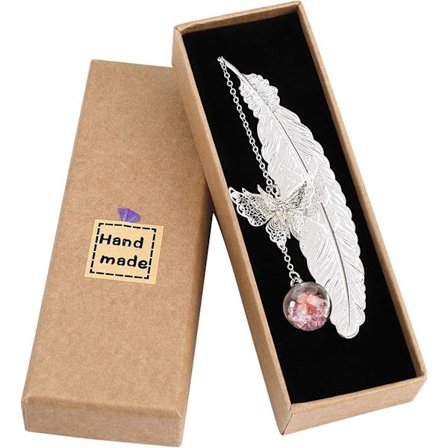 Metal Fjerbogmærke med Sommerfugl og Evig Tørret Blomst Glas