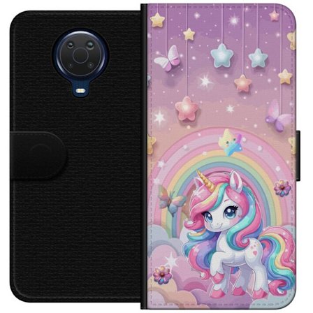 Kompatibel Tegnebogsetui til Nokia G20 Magisk enhjørning med regnbue manke, stjerner og sommerfugle mod en pastelfarvet himmel med skyer
