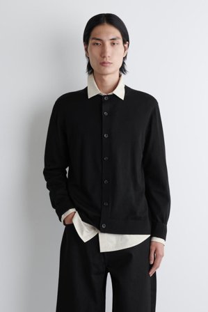 COS Men's Merino Wool Crew Neck Cardigan Sweater in Black