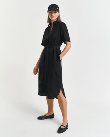 GANT Damen Kurzärmeliges Hemdblusenkleid aus Leinen (40) Schwarz Grau