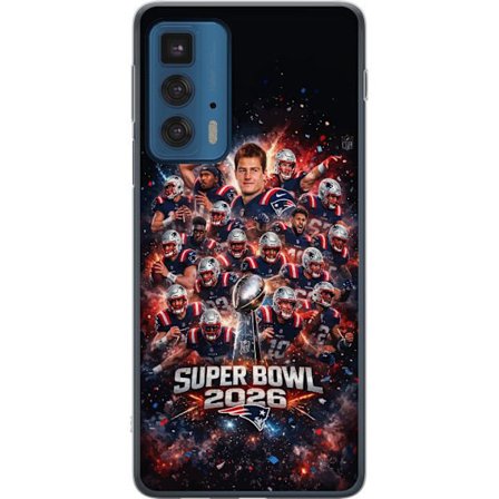 Yhteensopiva Puhelinkuori Motorola Edge 20 Pro Super Bowl 2026 juliste, jossa New England Patriots ja NFL-mestaruuspalkinto räjähtävän urheilullisessa