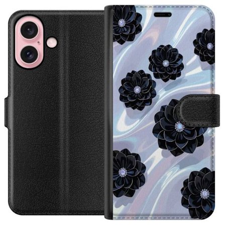 Kompatibelt Plånboksfodral till Apple Apple iPhone 16 svarta blommor på skimrande bakgrund elegant lyxig floral design