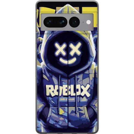 Kompatibelt Mobildeksel til Google Google Pixel 7 Pro Blågul Roblox hettegenserfigur med minimalistisk neonstil og masket ansikt, moderne spillillust