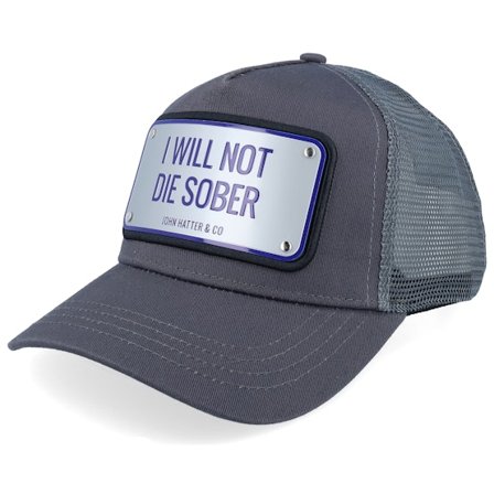 John Hatter & Co - Grå trucker Kasket - I Will Not Die Sober Aluminium Plate Grey A-Frame Trucker @ Hatstore