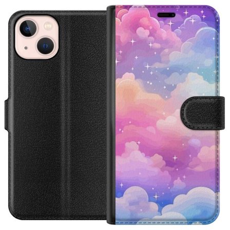 Kompatibelt Lommeboketui til Apple iPhone 13 Søt enhjørning med regnbuefarget hår mot en stjernebelagt pastellbakgrunn i kawaii-stil