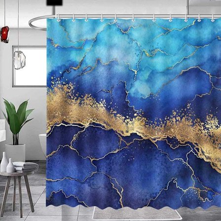 Marmor Duschdraperi, Blå Marmor Duschdraperi Set, Abstrakt Lyxig Marinblå