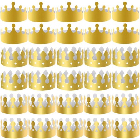 30 stk. gyldne papirkroner, festlige guldkroner, hatte, kongekroner til fest og fejring (FMY)