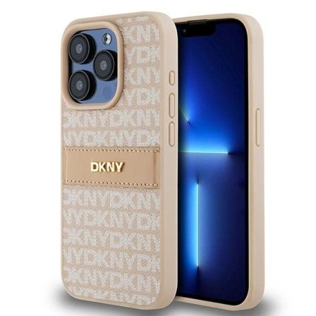 DKNY läderfodral med monostripe och metallogo för iPhone 15 Pro - rosa