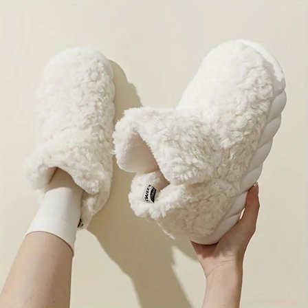 Dam Fluffy Snow Boots, Solid Color Vinter Varma Slip On Slipper Boots, Inomhus & Utomhus Plysch Ankle Boots
