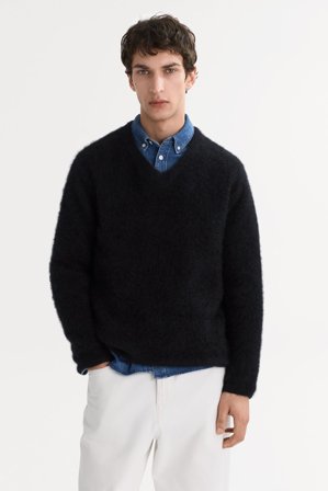 Soft Goat - Men's Brushed V-neck - Men cashmere sweater - S - Black