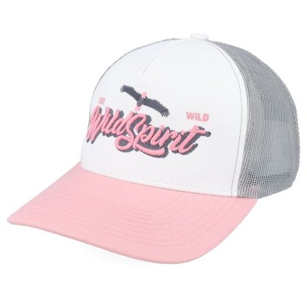 Wild Spirit - Rosa trucker Keps - Pin Script White/Grey/Light Pink A-frame Trucker @ Hatstore
