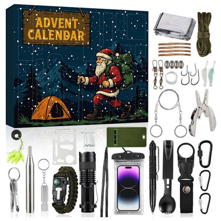 Overlevelsessæt Julekalender 2025 Voksne Mænd Teenagedrenge, 24 Dages Jule-nedtællingskalender til Far Søn Camping, Fiskeri Udendørs Eventyrgaver