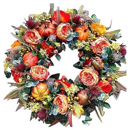 Höst- och pumpakrans året runt, hållbar höstkrans med lönnlöv och bär, bondgårdskrans F