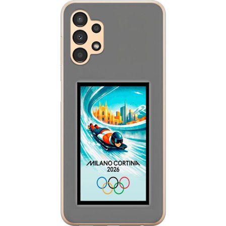 Yhteensopiva Puhelinkuori Samsung Galaxy A13 Dynaaminen kelkkailija tai skeleton-ajaja jääkanavalla Milanon Cortina 2026 kanssa, kaupunkinäkymä ja oly