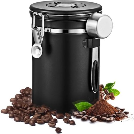 Kahvipurkki ilmatiiviillä kannella, ilmatiivis ruostumattomasta teräksestä valmistettu säiliö päivämääräseurannalla ja kauhalla, ruoan säilytyspurkki