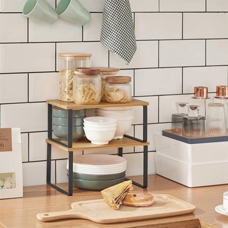 Hylla för köksbänken – 2-pack stapelbara och justerbara hyllor i trä och metall