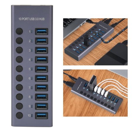 10-Port 60W USB 3.0 Hub med Individuelle Strømafbrydere Aluminiumlegering LED-lys USB 3.0 Dockingstation 60W 12V 5A Strømadapter 100-240V EU-stik