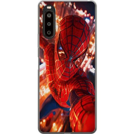 Yhteensopiva Puhelinkuori Sony Sony Xperia 10 II Spider Man intensiivisessä toiminnassa välkkyvien valojen ja dynaamisen perspektiivin kera elokuvam