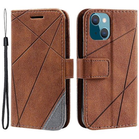 För iPhone 15 Mobilskal Hudvänlig Delad Design Läderfodral med Handrem, A