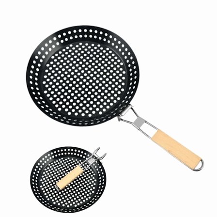 BBQ Foldbar Grillpande med Huller 30 cm Nonstick Grillpande med Foldbart Træhåndtag, Camping Kogegrej Grillpande til Barbecue -GSLA
