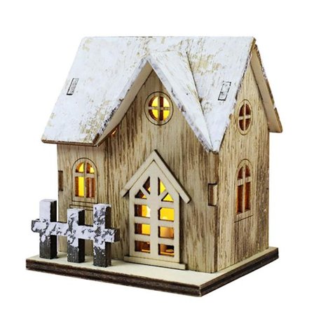 Julelandsbyhus i træ, oplyst julelandsbydekoration, belyst LED-lyshus med varmt skær, lysende hytte til bordpladepejs