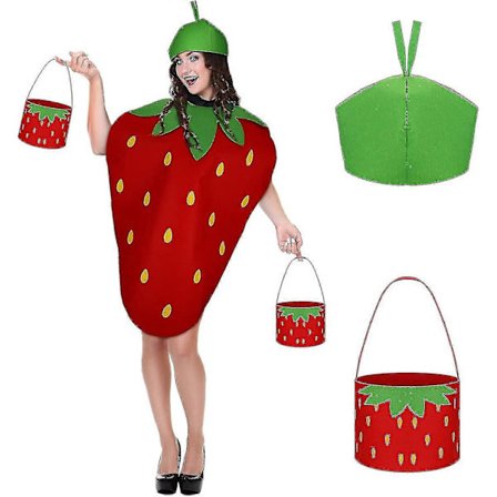 Halloween Jordbærkostume til Kvinder Mænd Søde Jordbær Halloween Kostumer til Voksne Unisex Sjovt Frugtkostume Sæt med Hat og Taske til Fest