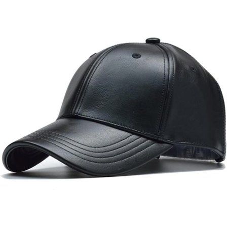 Svart baseballcaps i skinn, unisex, justerbar, laget av imitert skinn (vegansk).