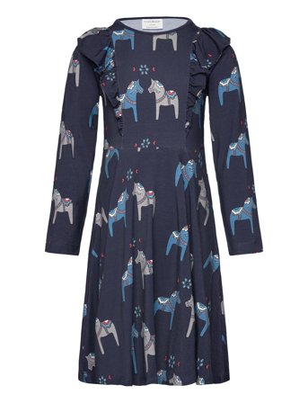 Geggamoja | Bamboo Flared Dress Navy Dala Horse | 122/128