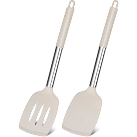 Silikonspatelsett med 2 solide og slissede stekespadder for non-stick kokekar, varmebestandige kjøkkenredskaper i gummi for å snu fisk, pannekaker og 